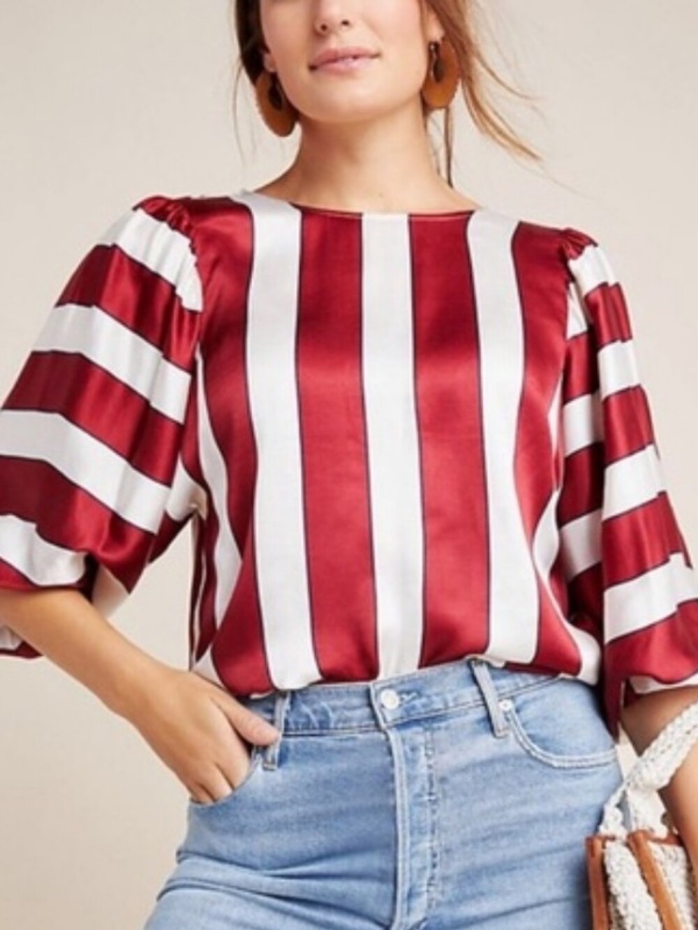 Anthropologie Maeve Red & White Striped Satin Balloon-Sleeve Top, Size 2